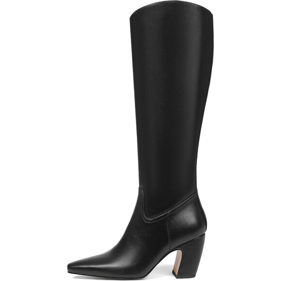 Womens Knee High Black Boots Square Toe Chunky Heel Wide Calf Tall Zipper Boots - Picture 3 of 8